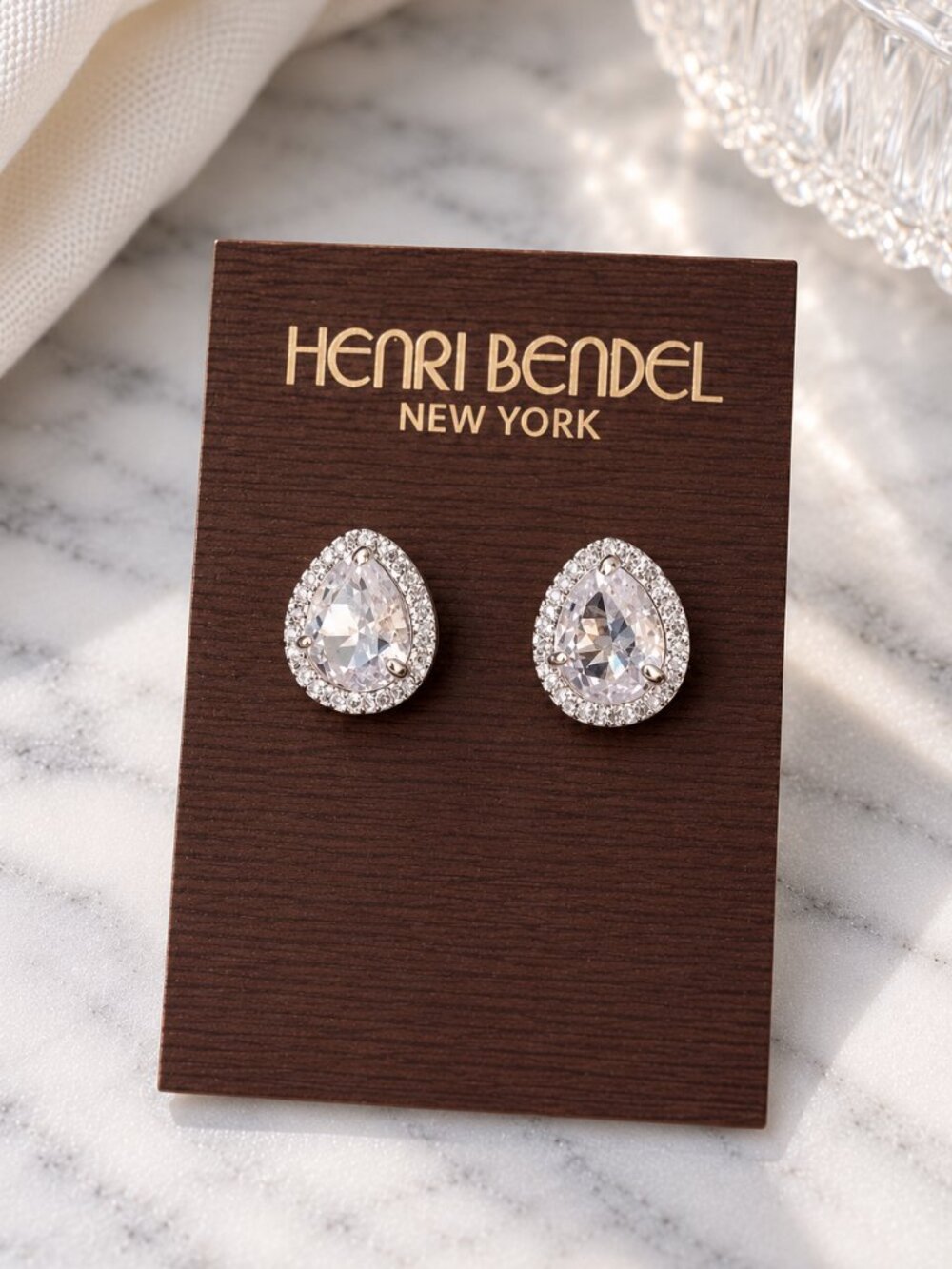 Henri Bendel Crystal Teardrop Stud Earrings Silver Tone Halo Earrings